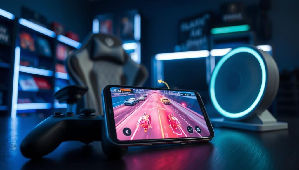 A close-up of a modern gaming setup featuring an iPhone Pro Max displaying a popular mobile game with visible thermal effects, like heat waves shimmering around it. In the foreground, show the iPhone with a slight sheen indicating heat, alongside a gaming controller. In the middle, include a sleek gaming chair and a cooling fan, with ambient LED lighting casting a cool tone on the setup. The background should evoke a high-tech gaming environment, with blurred shelves of games and accessories. The overall atmosphere should convey tension and urgency, highlighting the impact of thermal throttling on gaming performance during intense play sessions. The lighting should mimic a dimly lit room, emphasizing the glow of the phone screen.