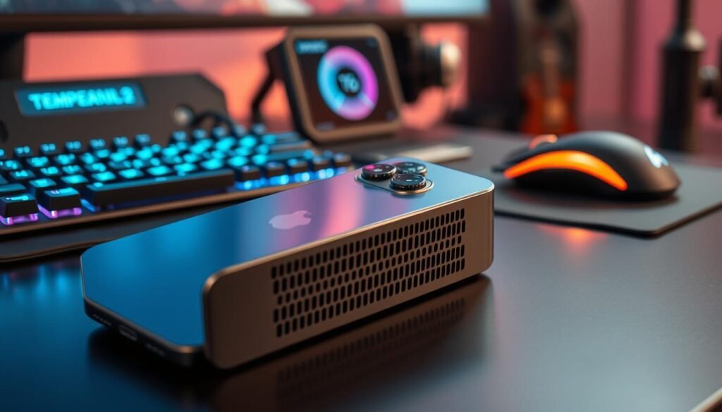 A sleek titanium iPhone Pro Max resting on a high-tech gaming table, showcasing its advanced cooling features. In the foreground, the iPhone is angled to highlight its metallic finish and intricate cooling vents, reflecting soft blue and silver lighting that enhances its modern design. In the middle ground, a mini display shows a temperature gauge indicating optimal heat levels, while gaming peripherals like a colorful RGB keyboard and mouse add a dynamic touch. The background features a blurred gaming setup, with ambient lighting creating a focused yet relaxed atmosphere, conveying innovation and performance. The scene is illuminated with soft, diffused light to emphasize the product's sophisticated materials and technology.