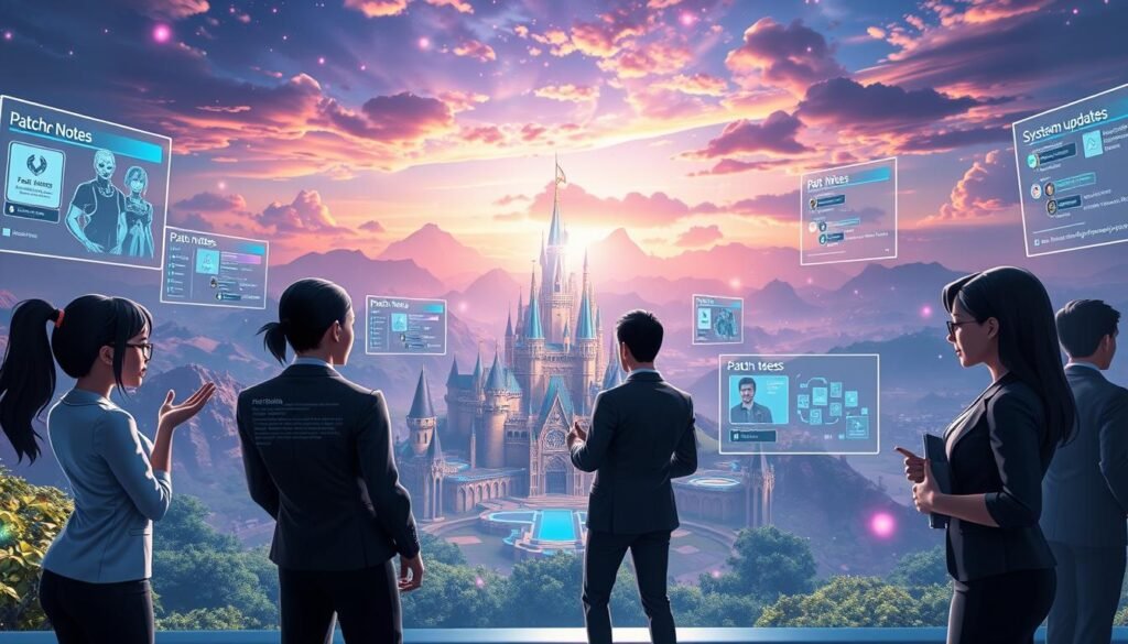 A vibrant and dynamic scene illustrating the concept of "balance" between job skills and system updates in an online gaming environment. In the foreground, a diverse group of four avatars, dressed in sleek, professional gaming attire, are engaged in animated discussion while surrounded by floating holographic screens displaying patch notes and skill trees. The middle layer features a digital landscape reminiscent of a fantasy realm, with majestic castles and pixelated terrain. In the background, a spectacular sky transitions from day to night, symbolizing change and updates with colorful lights. The lighting is dramatic, casting luminous highlights on the avatars and emphasizing the sense of excitement. The atmosphere should inspire a feeling of anticipation and renewal, perfect for a gaming community coming back together for new content.