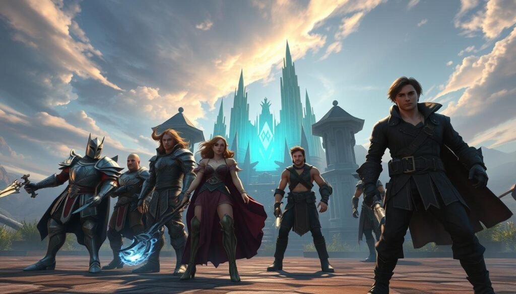 A vibrant scene from a new alliance raid in a fantasy realm. In the foreground, a group of diverse, heroic characters including a knight in shining armor, a mystical mage casting an ethereal spell, and an agile rogue in sleek, practical clothing stand ready for battle, displaying determination and camaraderie. The middle ground features an intricately designed raid environment, with towering ancient ruins and glowing magical elements creating a sense of wonder. The background showcases a breathtaking sky filled with swirling clouds and distant mountains, hinting at the epic scale of the adventure. Soft, dramatic lighting adds intensity to the scene, while a slightly low angle captures the grandeur of the characters and environment, evoking an atmosphere of excitement and anticipation.